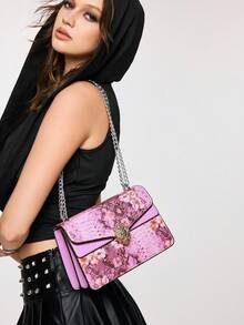 ROMWE Grunge Punk Crocodile Embossed Vintage Chain Small Square Bag, Fashion Versatile Crossbody Shoulder Bag (23*15*9) Cm - Purple - View 6