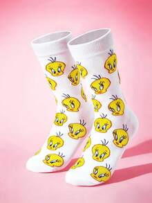 LOONEY TUNES X SHEIN 1雙女款格子卡通圖案可愛筒襪 - 白色 - 查看 2