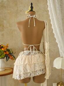 Bellisia Women's 3 Pieces Lace Set, Sweet Sexy Tropical Cute Fashion Multi-Layer Cake Lace Hem Beach Vacation Spring Summer Swimsuit Beige - Apricot - View 3