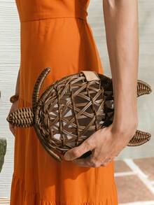 SHECARRY Ladies Fashionable Personalized Summer Fun Turtle Shape Pure Hand-Woven Hollow Slanted Shoulder Bag, Summer Vacation Seaside Beach - Brown - View 6