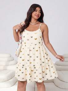 Solflare Plus Size Women's Butterfly Pattern Backless High Waist Ruffle Strap Dress - Multicolor - View 5