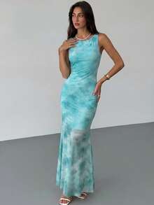Aloruh Spring/Summer Vacation Floral Print Long Dress Backless Dress Elegant Party - Dusty Blue - View 6
