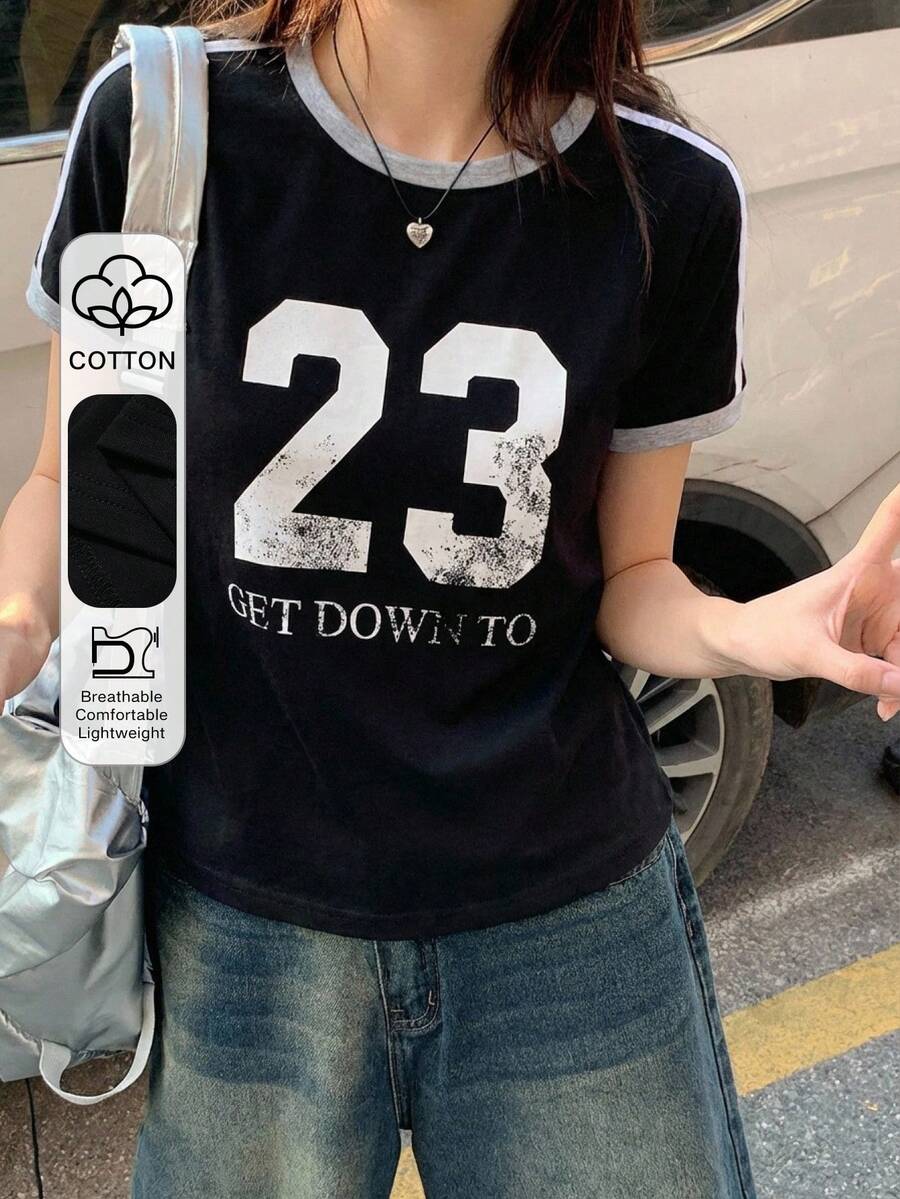 DAZY 女款對比色字母膠帶裝飾修身休閒街頭風運動短袖夏季圖案T恤,適合校園 - 黑色 - 查看 1