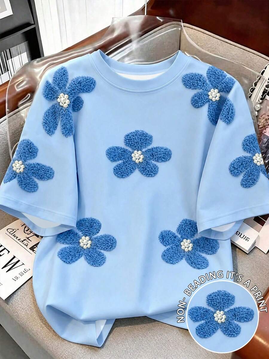 SHEIN 大码女式夏季休闲度假日常通勤仿珍珠3D花卉印花宽松圆领落肩T恤 - 彩色 - 查看 1