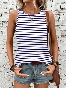 SHEIN LUNE Women's Striped Round Neck Casual Versatile Tank Top - Blue - View 3