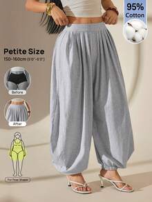 SHEIN PETITE Women's Solid Color Pleated Casual Versatile Daily Lantern Pants Loungewear Gray Autumn Going Out Everyday Work Home Festival - Grey - View 1