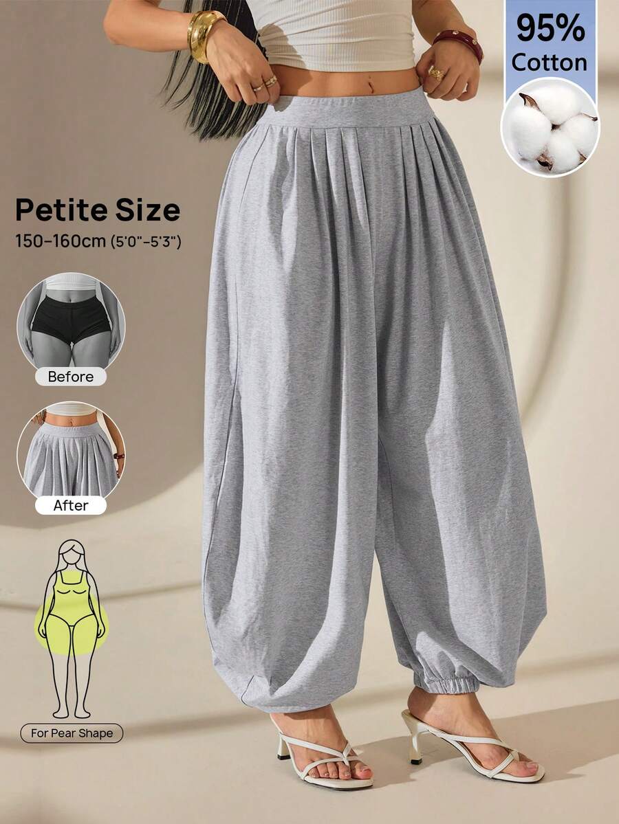 SHEIN PETITE Women's Solid Color Pleated Casual Versatile Daily Lantern Pants Loungewear Gray Autumn Going Out Everyday Work Home Festival - Grey - View 1