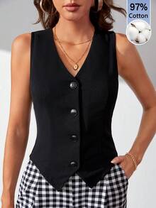 SHEIN Tall Gilet blazer con bottoni frontali tinta unita, comodo in misto cotone per autunno/inverno, per donne alte - nero - Visualizzare 8