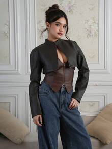 Criza Taa Women PU Leather Short Jacket,Fall Clothes - Brown - View 1