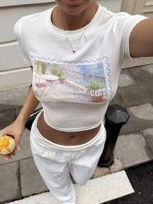 Livesso Spring & Summer Casual Street Style White Tee, Round Neck Floral & Letter Print, Basic Music Festival Vacation Vibe Short Sleeve T-Shirt For Women - White - View 2