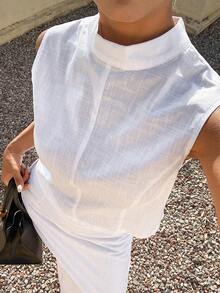 Livesso Spring Summer White Short Top Pullover Shirt Vest Wedding Casual Vacation Skirt Set Elegant Commute Women 2pcs Set - White - View 6
