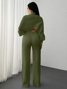 EURMUSE 2 Pieces Ribbed Knit Lounge Set Featuring Asymmetrical Sweater With Decorative Bow Accents And Matching High-Waisted Pants - Army Green - View 2