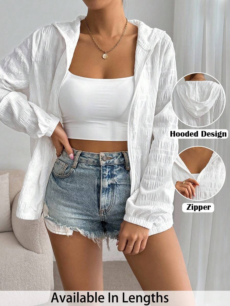 SHEIN PETITE CURVE 大尺碼女款純色輕便連帽長袖外套,適合返校季、秋季,教師穿著,白色秋季外衣 - 白色 - 查看 1