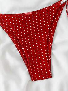 Swim Basics 女款夏季性感兩件式波點隨機印花掛脖綁帶比基尼套裝，附珍珠飾品 - 紅色 - 查看 6