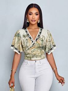SOLERSUN Women's Spring/Summer Retro Tropical Elegant Print V-Neck Bell Sleeve T-Shirt, Stylish Vacation Party Wear Beige - Apricot - View 3