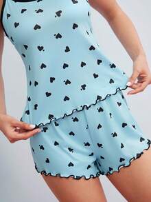 Elorette 2pcs Valentine's Day Contrast Color Ruffles Heart Print Camisole And Shorts Pajama Set - Blue - View 4