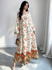 SHEIN Najma 花卉枝條與腰果花蕾絲圖案印花白色洋裝，女款時尚V領長袖洋裝，優雅阿拉伯風服飾，春夏季優雅長洋裝 - 彩色 - 查看 4