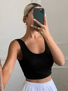 Livesso Wide Strap Backless Padded Short Solid Color Women's Sports Bra - Black - View 10