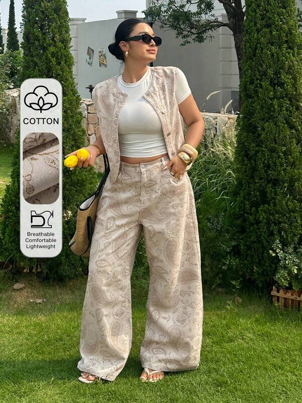 Dazy Plus Conjunto de mezclilla de estilo vacacional con chaleco de mezclilla con cuello redondo y estampado floral, y pantalones rectos holgados, talla grande para mujer, primavera/verano