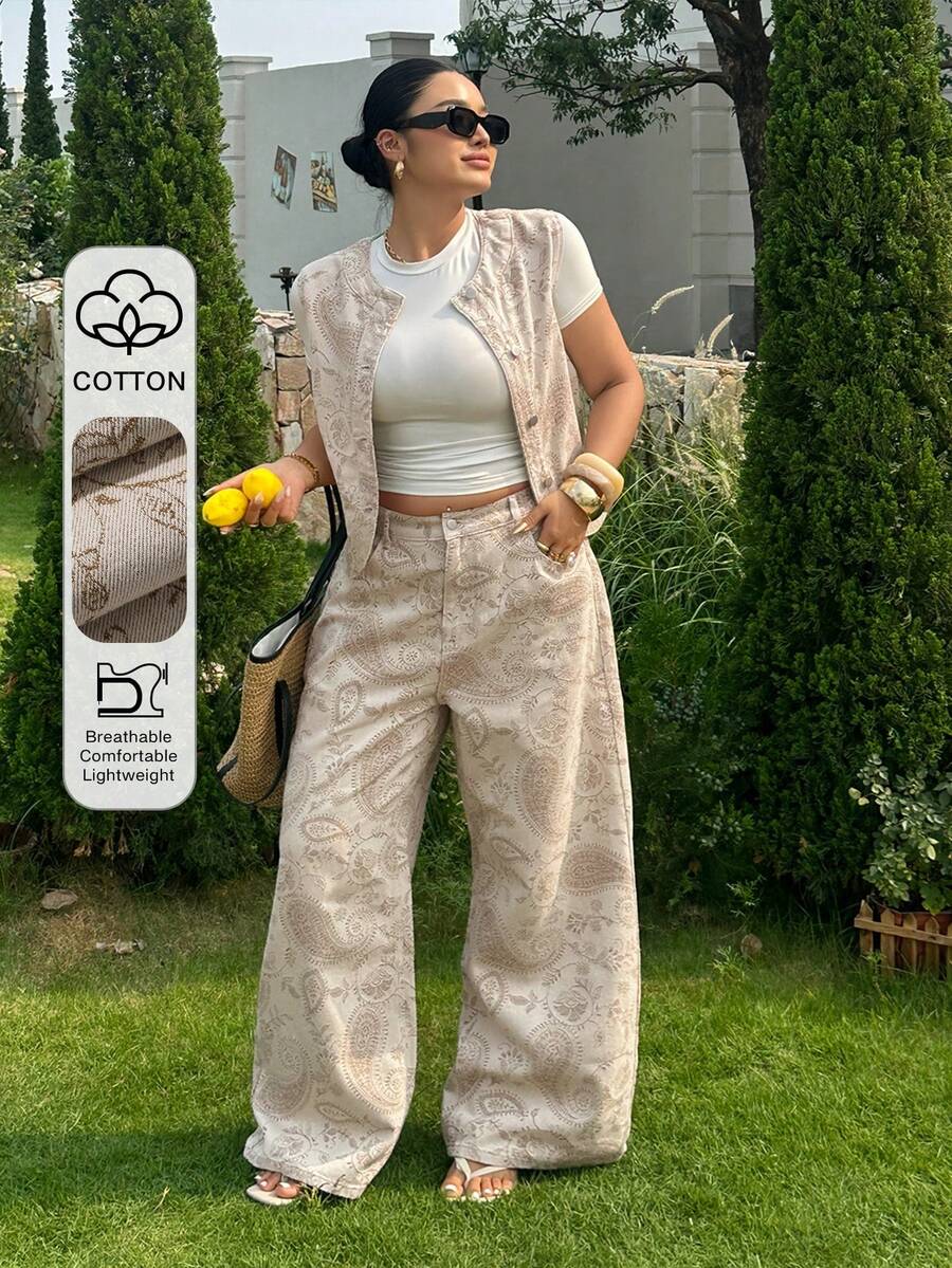 Dazy Plus Floral Print Round Neck Denim Vest And Loose Straight Leg Pants Vacation Style Denim Set, Plus Size For Women Spring/Summer - Apricot - View 1