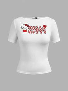 CovetEZ HELLO KITTY AND FRIENDS | SHEIN 女款休閒修身短袖T恤，95%棉，女款夏季服飾 - 彩色 - 查看 4