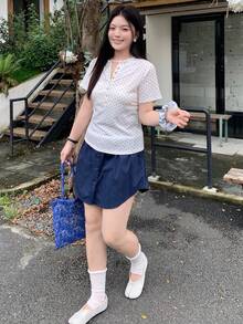 Dazy Plus Polka Dot All-Over Print White Top With Colorful Buttons, Casual Slim Fit Short Sleeve Plus Size Women's Spring/Summer T-Shirt Cute Tops - White - View 5