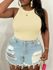 Slaydiva 92% Cotton Ribbed Tank Top Plus Size Casual Basic Fitted Yellow Round Neck Off Shoulder Vest - Yellow - View 3