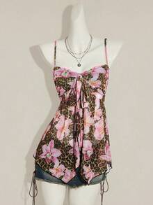 SHEIN ICON 女款印花細肩帶網眼背心上衣，度假休閒風 - 彩色 - 查看 3
