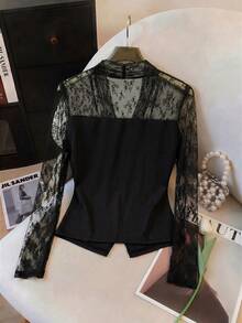 SHEIN Franclia 女款對比色蕾絲鈕扣門襟長袖優雅上衣 - 黑色 - 查看 2
