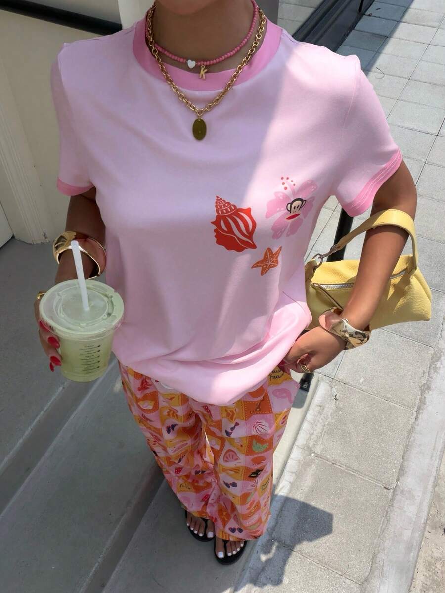Muchica Paul Frank X SHEIN 2件組休閒度假卡通印花圓領短袖T恤與長褲套裝,適合日常通勤、約會、聚會,適用於秋冬春夏、聖誕節、新年、感恩節、派對 - 彩色 - 查看 1