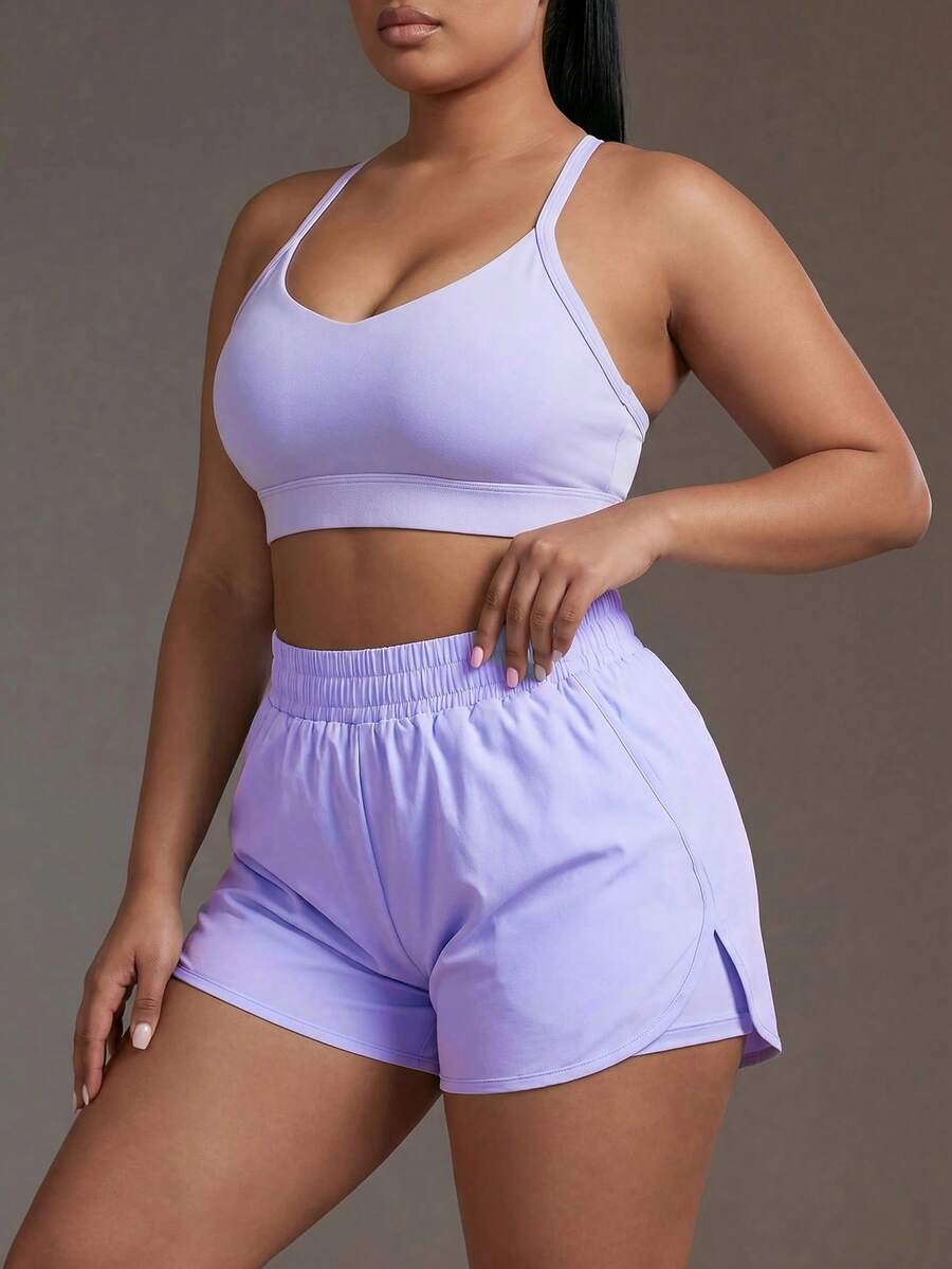 Powerista Plus Size Women Solid Color Camisole Top And Elastic Waist Shorts Casual Daily Sports Set - Purple - View 1