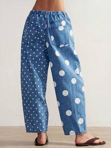 Bohemela Women's Blue Polka Dot Elastic Waist Pocket Long Pants Daily Autumn Casual - Medium Wash - View 8