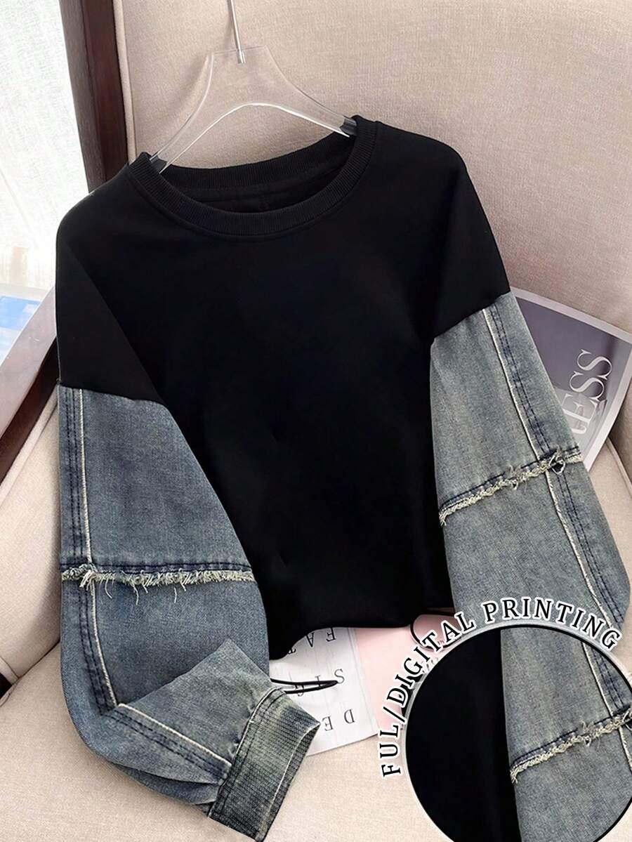 SHEIN 女士常规版型撞色圆领落肩长袖休闲卫衣 - 彩色 - 查看 1