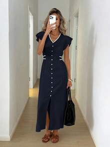 Easowa V-Neck Contrast Trim Decorative Button Flutter Sleeve Ruffle Ruched Bow Front High Slit A-Line Umbrella Sun Dress Casual Relaxed Elegant Commuter Old Money Style Vacation Spring Summer Women's Long Dress - Navy Blue - View 1