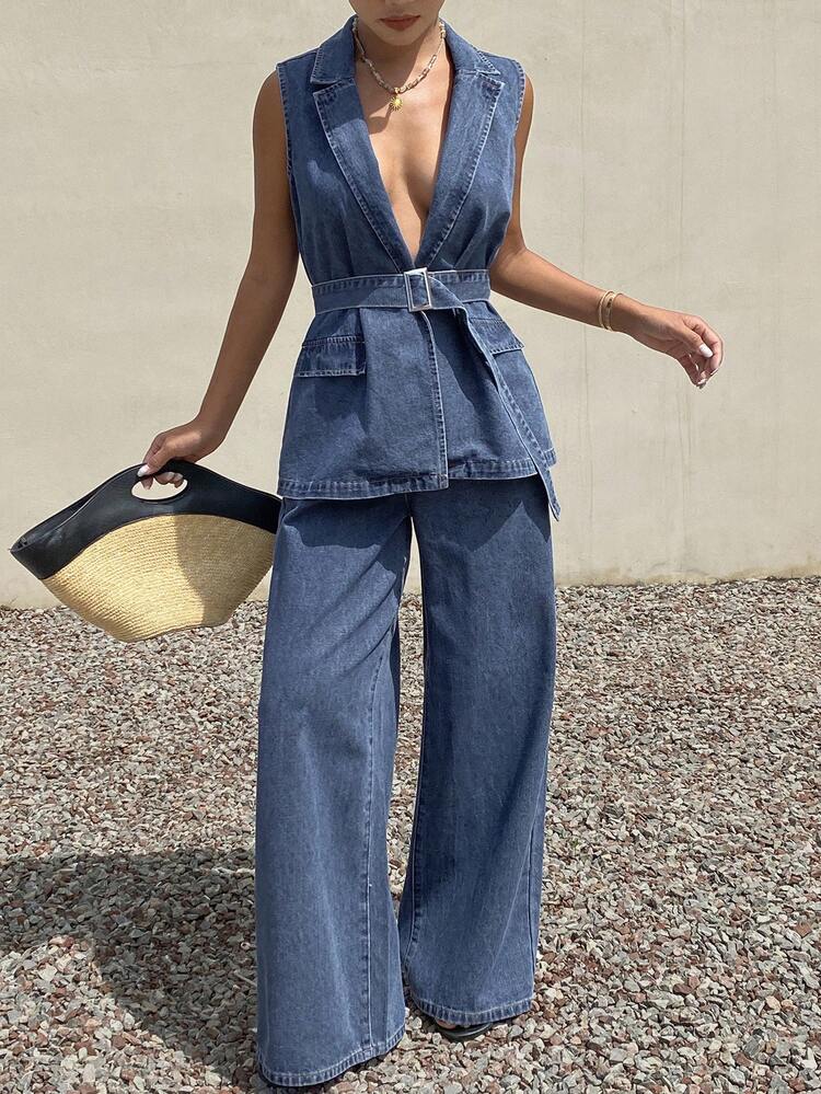 Women's Lapel Sleeveless Cinched Waist Waist Denim Vest And Pants Casual Suit