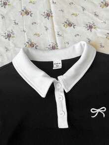 SHEIN 青少年女孩休閒日常百搭舒適翻領拼接拼色 Polo 洋裝 - 黑與白 - 查看 5
