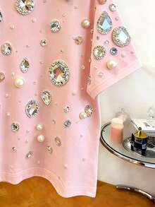 GlowEve Women's Round Neck Short Sleeve Fashionable Printed Elegant Summer Versatile T-Shirt - Pink - View 3