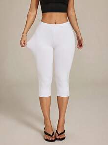 SHEIN PETITE Leggings Capri de Pierna Alta Estilo Urbano - Blanco - Ver 5