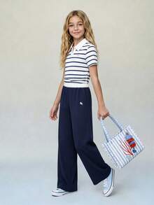 Casuvi Kids Set Kasual Kaos Lengan Pendek Bergaris dan Celana untuk Anak Perempuan Remaja - Blue and White - View 4