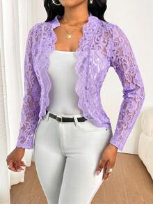 SHEIN Lady 淺紫色女款蕾絲長袖開襟優雅外套 - 淡紫色 - 查看 1