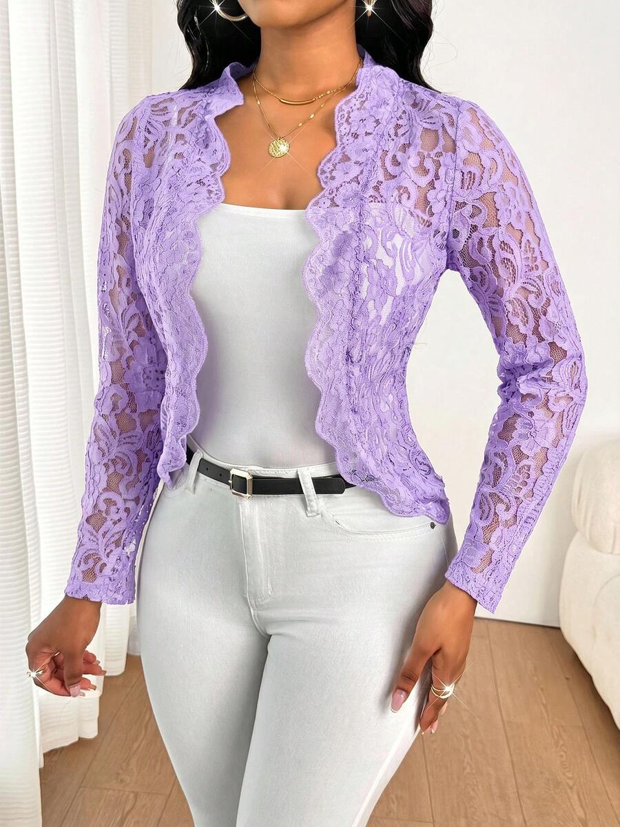 SHEIN Lady 淺紫色女款蕾絲長袖開襟優雅外套 - 淡紫色 - 查看 1