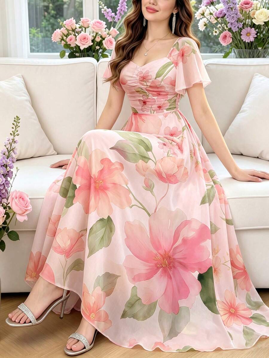 Modelyn 粉色大花卉印花女款法式風格洋裝,時尚方領百褶荷葉袖設計女裝,夏季收腰長版度假風洋裝,適合夏季假期與日常穿著 - 彩色 - 查看 1