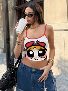 THE POWERPUFF GIRLS X SHEIN 女士可爱卡通图案圆领露脐吊带背心，休闲日常通勤，夏季 - 白色 - 查看 4