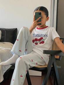 DAZY 對比色圓領圖案印花T恤套裝，休閒青少年女孩居家服 - 藍色 - 查看 7