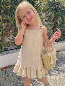 Elladie kids Young Girl Boho Beads Decor Ruffle Hem Casual Holiday Camisole Cotton Dress - Khaki - View 2