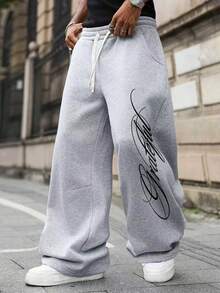 PAVTROS Men's Casual Sports Drawstring Waist Slogan Print Sweatpants - Grey - View 6