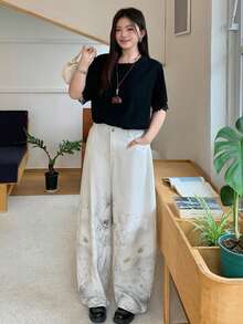 Dazy Plus Quần jeans nữ cỡ lớn màu be, dáng rộng, in họa tiết hoa toàn thân, chất liệu đã qua xử lý, kiểu dáng thường ngày, đa năng, phù hợp cho mọi mùa. - Màu be - Xem 5
