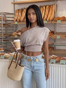 FavEase Women's Spring/Summer Knitted Asymmetrical Shoulder Khaki Short Sleeve Cinched Waist T-Shirt, Comfortable Casual Versatile Daily Wear Summer Asymmetric Shoulder T-Shirt - Khaki - View 4
