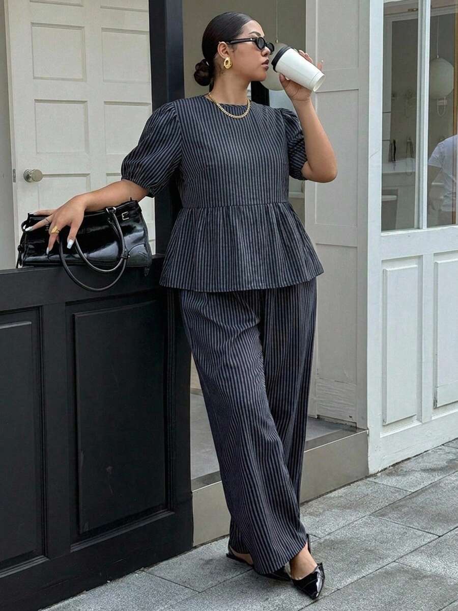Dazy Plus Fashionable Striped V-Neck Loose Lantern Sleeve Pullover Top And Loose Long Casual Pants Plus Size Women's Spring/Autumn 2-Piece Set - Navy Blue - View 1
