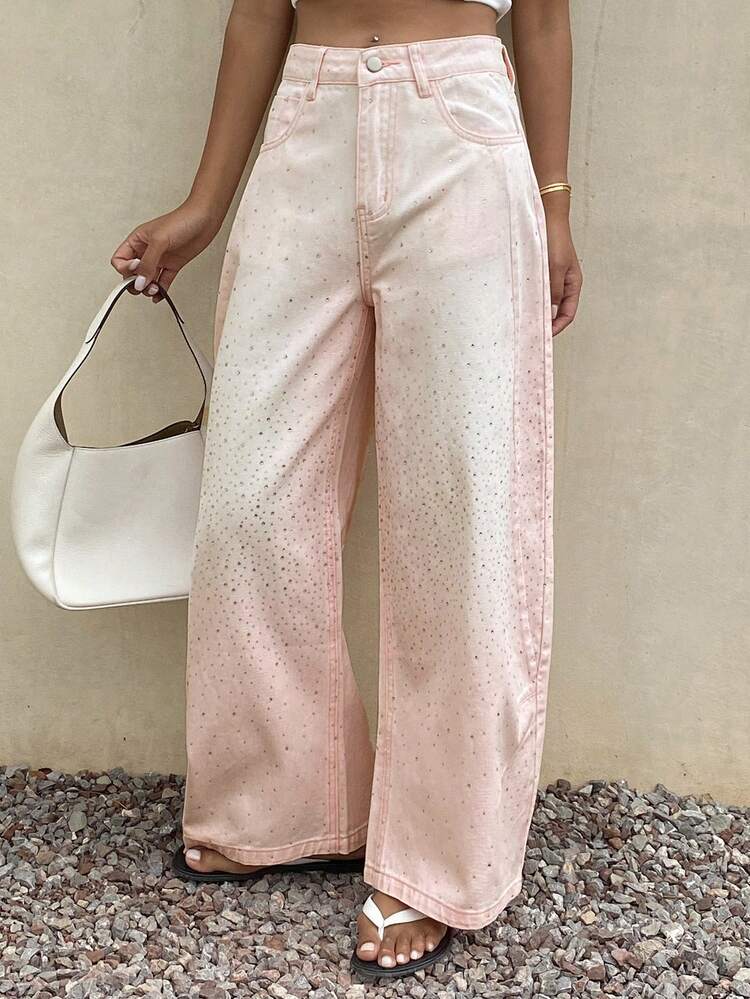 Women's Rhinestone Curved Leg Loose Pink Long Pants Vacation Style Jeans